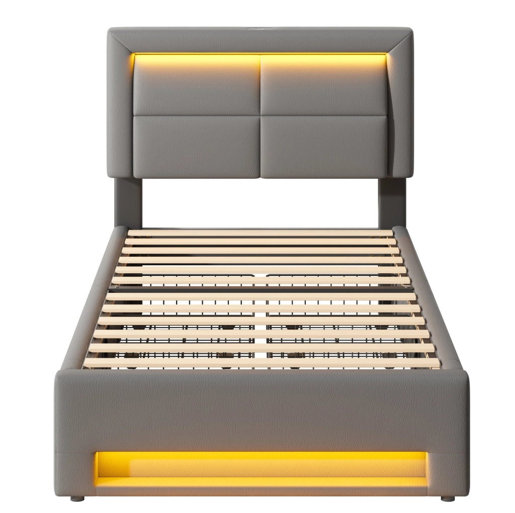 Letto imbottito 90x190 cm con USB; LED e 4 cassetti; PU grigio