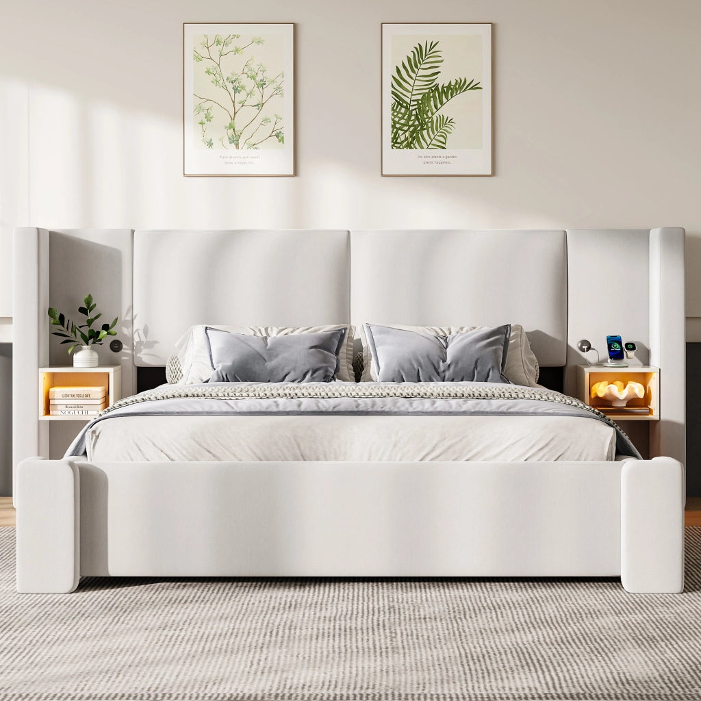 Letto imbottito 180x200 cm in lino beige con contenitore idraulico e LED