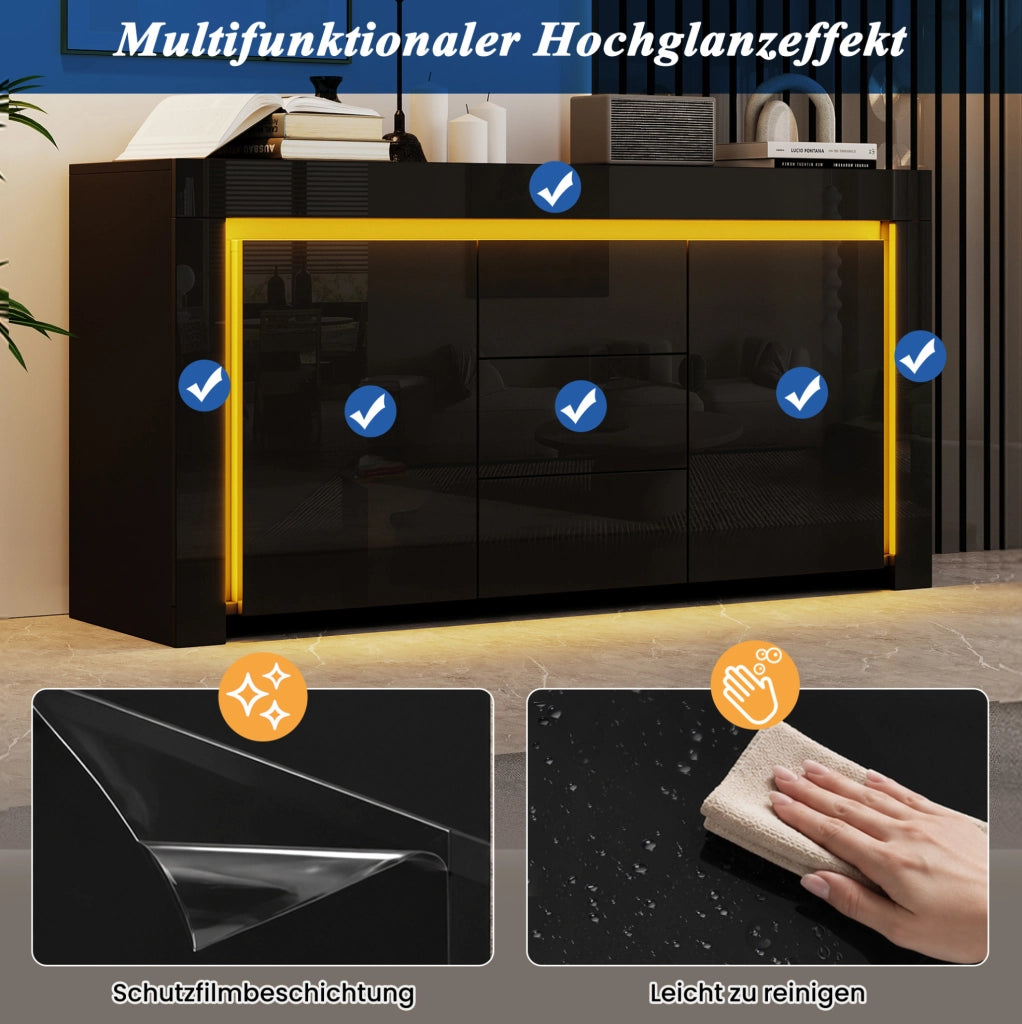 Sideboard nero lucido con 2 ante, 3 cassetti e luci LED
