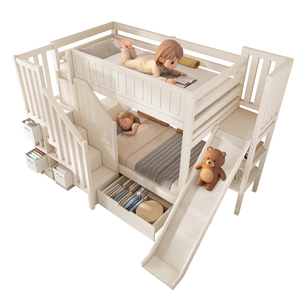 Letto a Castello per Bambini con Scivolo, Cassetti e Scala ¨C Xylo ¨C Bianco 90x200