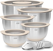 Set di Contenitori in Acciaio Inox con Coperture Translucide 5 pezzi 4.7L 2.8L 1.9L 1.4L 0.63L con Suola Antiscivolo e Resistente all'Acqua con Raspialetto