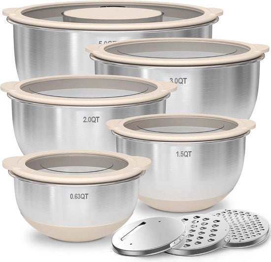 Set di Contenitori in Acciaio Inox con Coperture Translucide 5 pezzi 4.7L 2.8L 1.9L 1.4L 0.63L con Suola Antiscivolo e Resistente all'Acqua con Raspialetto