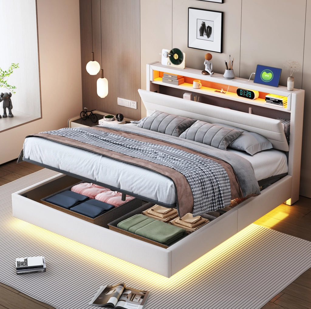 Letto imbottito 140x200 cm con contenitore idraulico; LED; USB e testiera reversibile beige