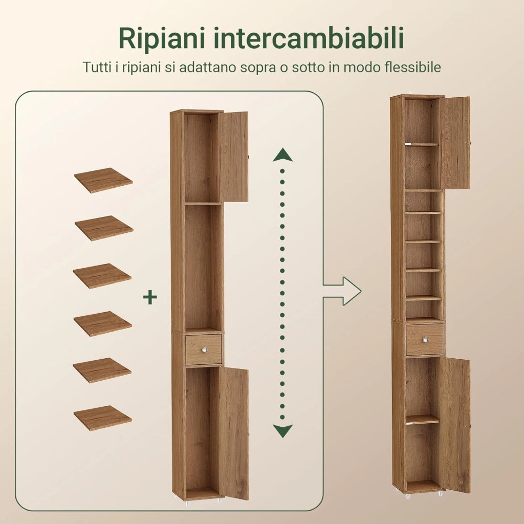 Mobile Bagno Alto e Stretto, Mobili Salvaspazio Mobiletto a Colonna da Terra con Ripiani Regolabili e Cassetto Armadietto per Bagno e Lavanderia 20×20×180 cm BZR34-II-PF