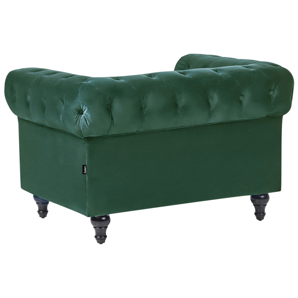 Set da soggiorno Chesterfield rivestimento in tessuto di velluto verde gambe in legno scuro divano a 3 posti + poltrona contemporanea