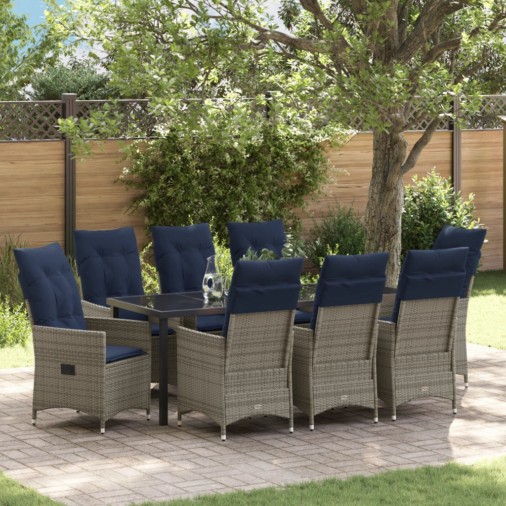 Set Pranzo Giardino 9 Pezzi con Cuscini Grigio Polyrattan