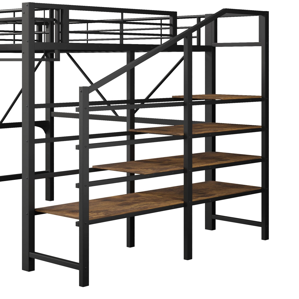 LETTO a soppalco 140x200 cm in metallo e MDF nero con scala e LED