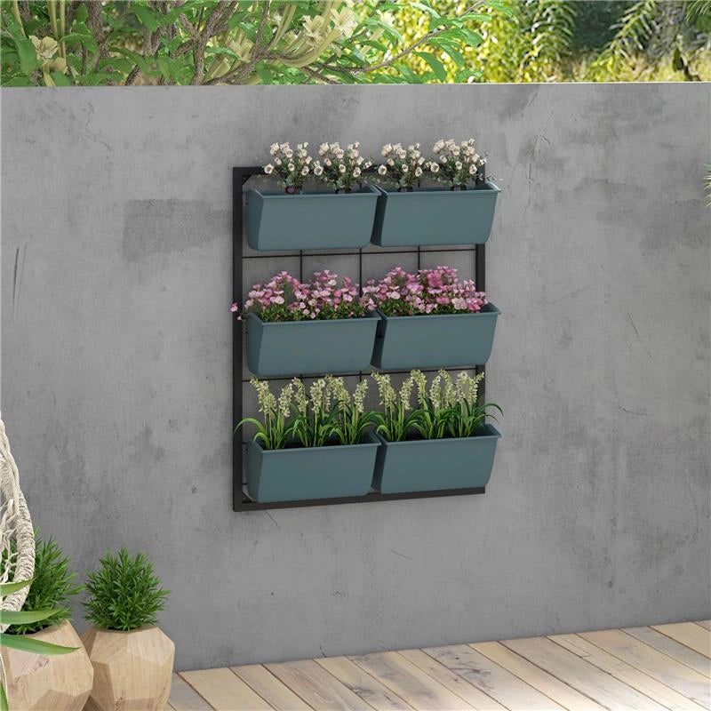 ORTO VERTICALE A 3 LIVELLI CON 6 VASI IN ACCIAIO E PLASTICA, 52X14X66CM, VERDE SCURO