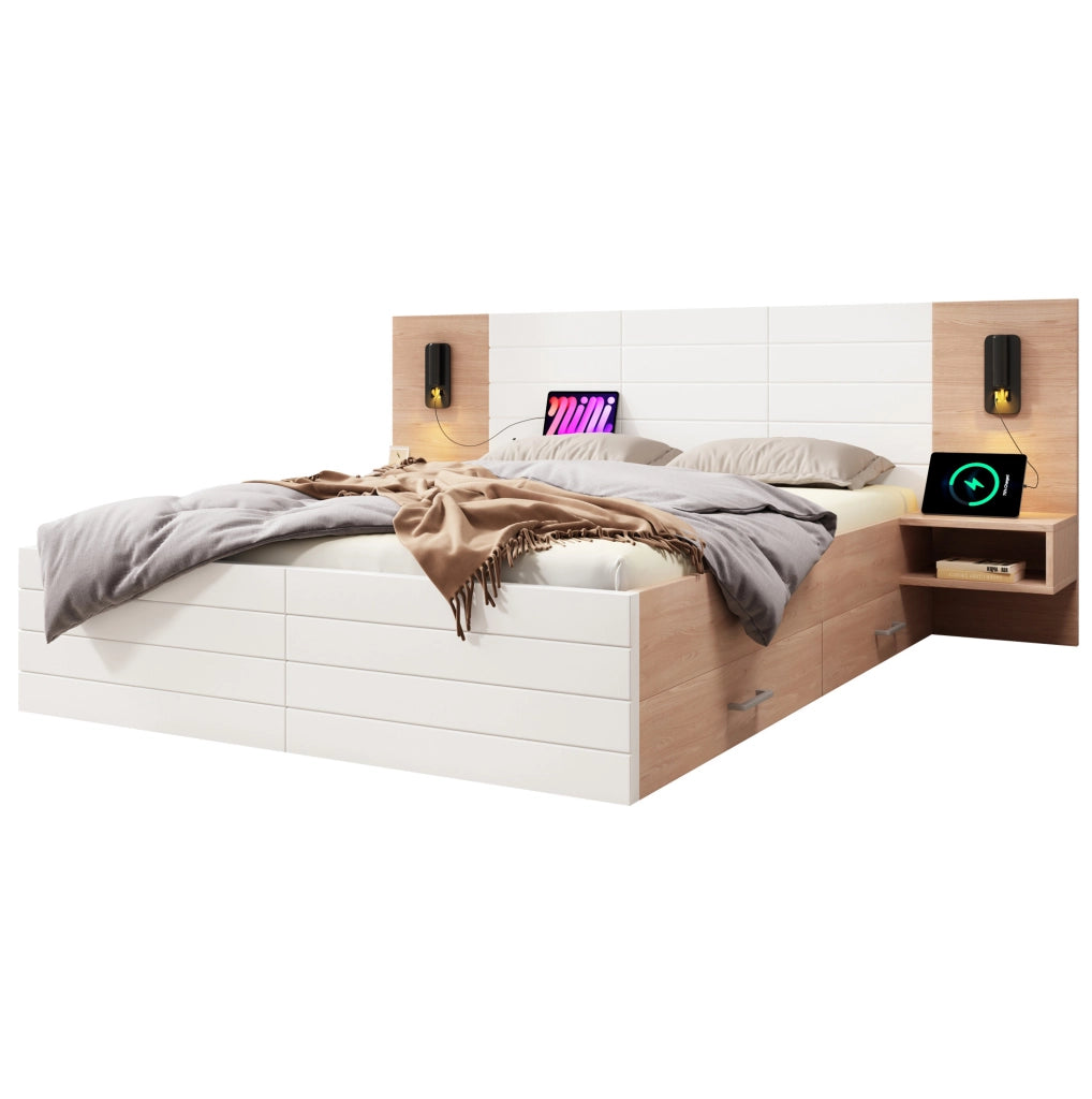 Letto matrimoniale 160x200 cm con lampada da lettura; USB; 2 cassetti; bianco e rovere chiaro; con materasso
