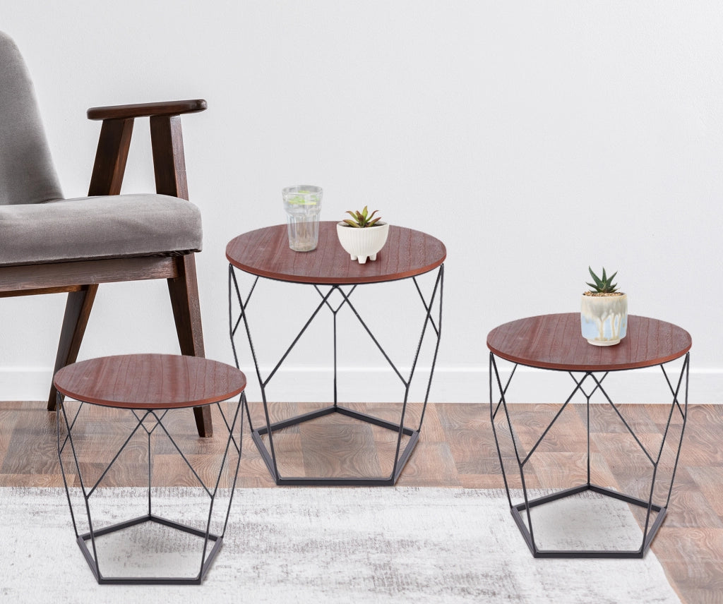 Set 3 Tavolini Da Salotto Sovrapponibili Rotondi Design Moderno Tavolino Da Caffè Estraibili Mobile Soggiorno Tavolo Divano Top In Legno Struttura In Acciaio Stile Industrial Vano Porta Oggetti  - Marrone - Modello 3
