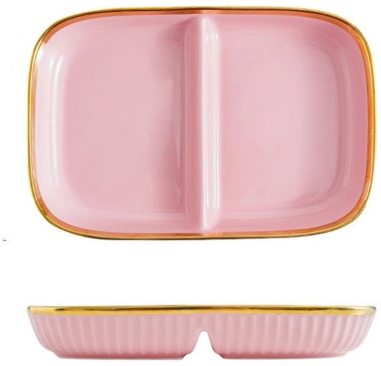 Piatti da tavola ceramici con contenitori, piatti da dessert, piatti per snack a due compartimenti, porcellana, piatti da dieta per controllo delle porzioni, lunghezza: 9,37 pollici