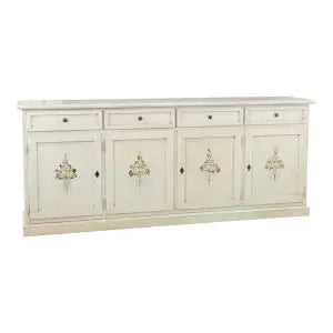 Credenza madia buffet in legno Shabby chic 4 ante mod Martini bianca anticata decorata motivo floreale