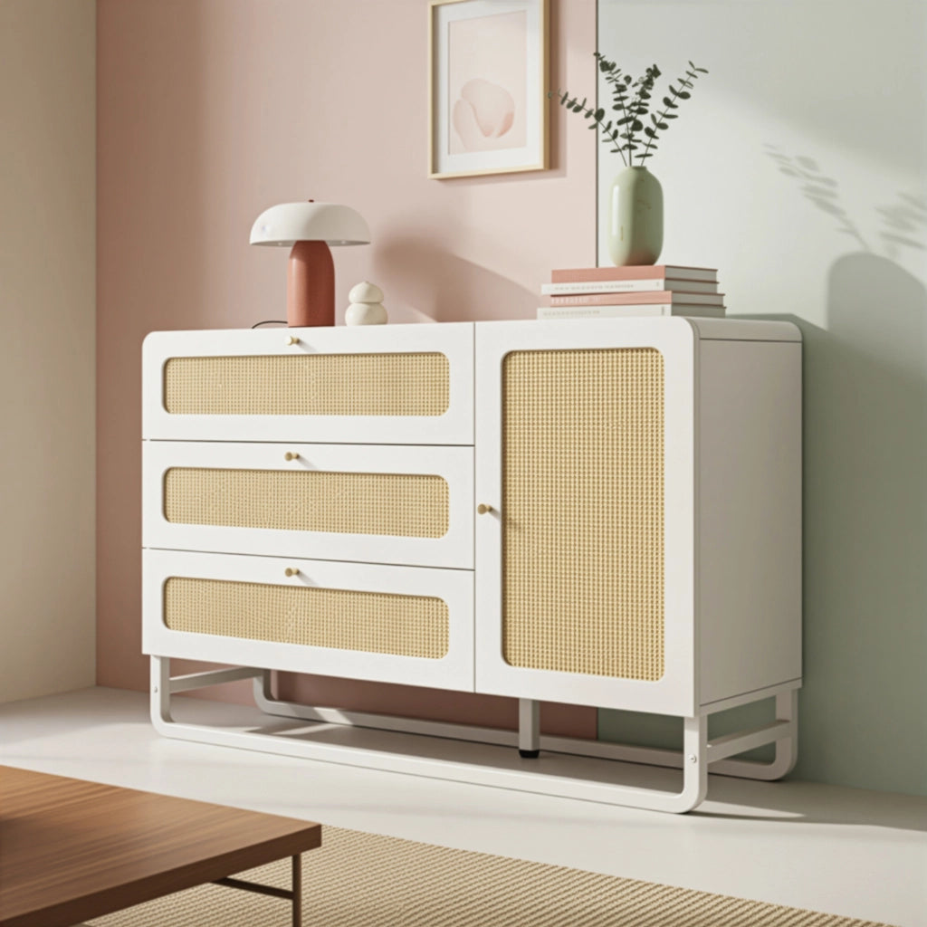 Armadio con Cassetti e Ante ¨C MINIMAL ¨C Bianco, Rattan, 120x85x40 cm