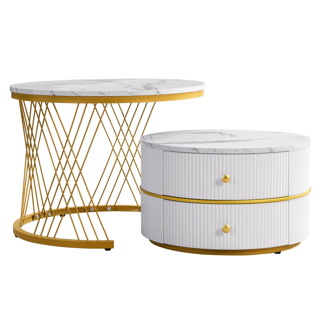 Set di 2 tavolini da caffè rotondi a incastro 60 e 50 cm MDF bianco， 2 cassetti