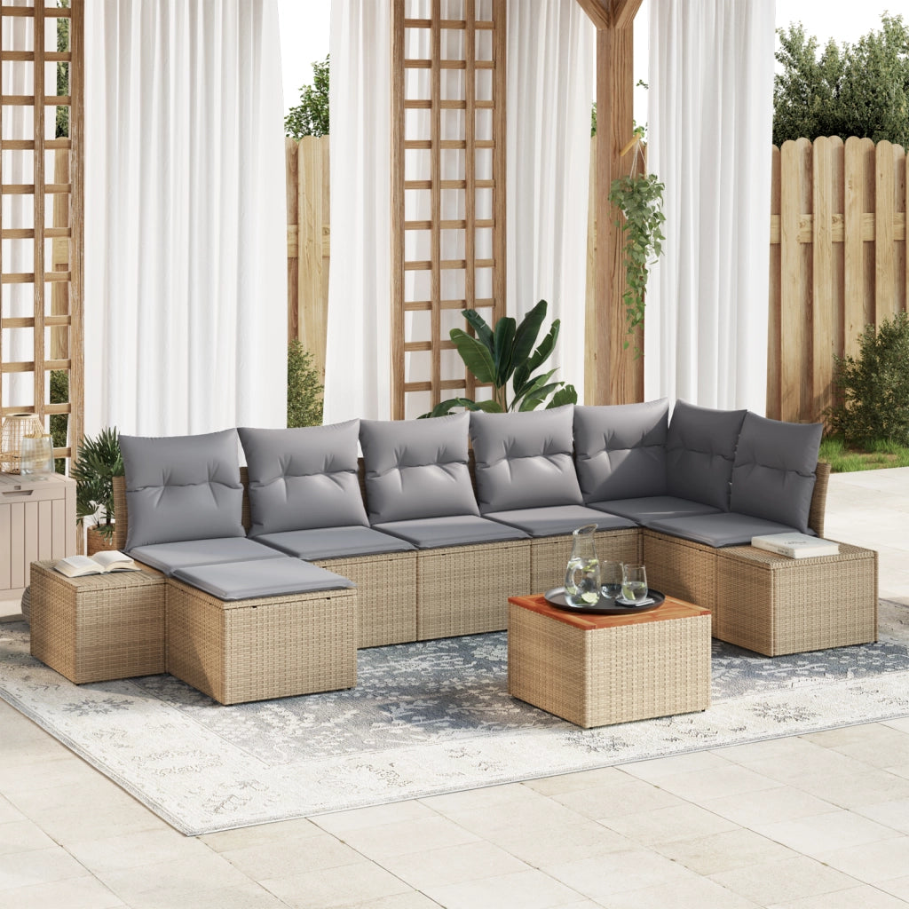 Set di divano da giardino 8 pezzi con cuscini beige in polyrattan e acacia