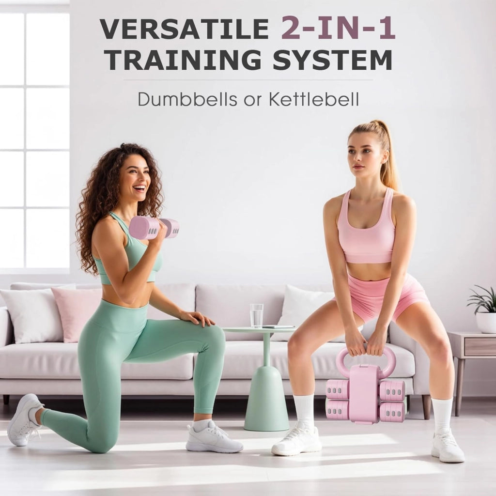 Set di 2 manubri regolabili 2 in 1, per donne e uomini, 4 livelli di peso con adattatore kettlebell, set di manubri per casa (Rosa)