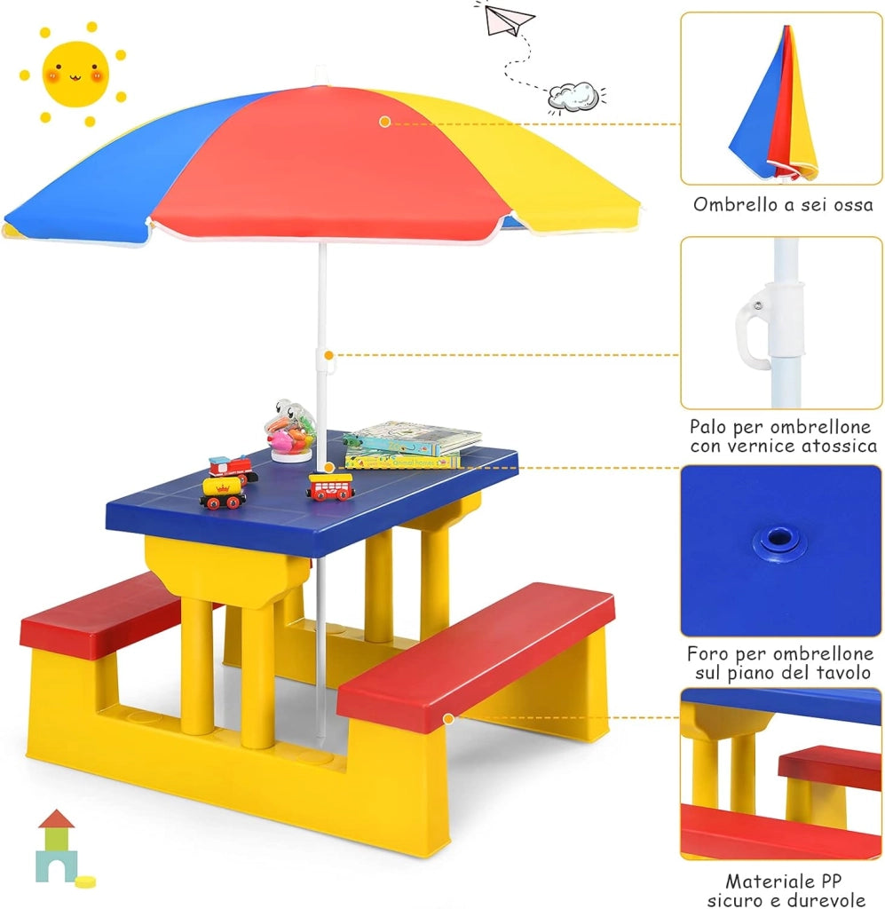 Tavolo da Picnic per Bambini con Parasole Pieghevole, Set di Tavolo e Panche per Giardino Esterno (rosso+blu+giallo)
