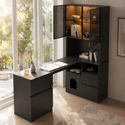 Scrivania angolare con vetrina LED, 3 cassetti, 2 ante e vani aperti, per studio, in MDF nero, 120 × 80 × 180 cm