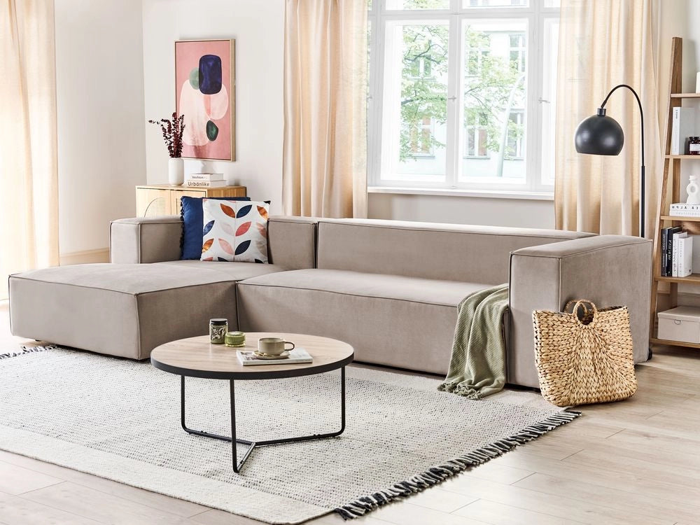 Divano angolare a 3 posti a destra in tessuto grigio talpa con braccioli imbottiti Stile minimalista