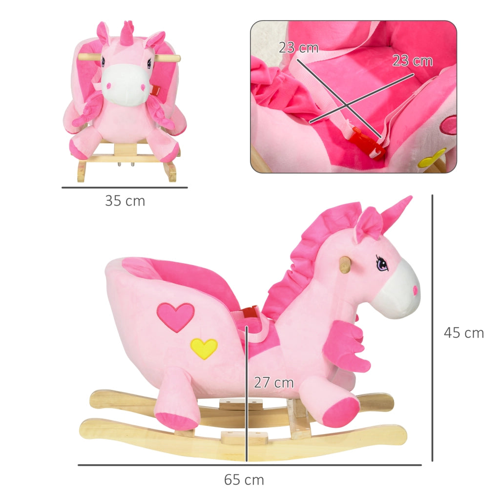 Cavallo a Dondolo Unicorno con Base in Legno e Cintura di Sicurezza ¨C Zephmum ¨C Rosa