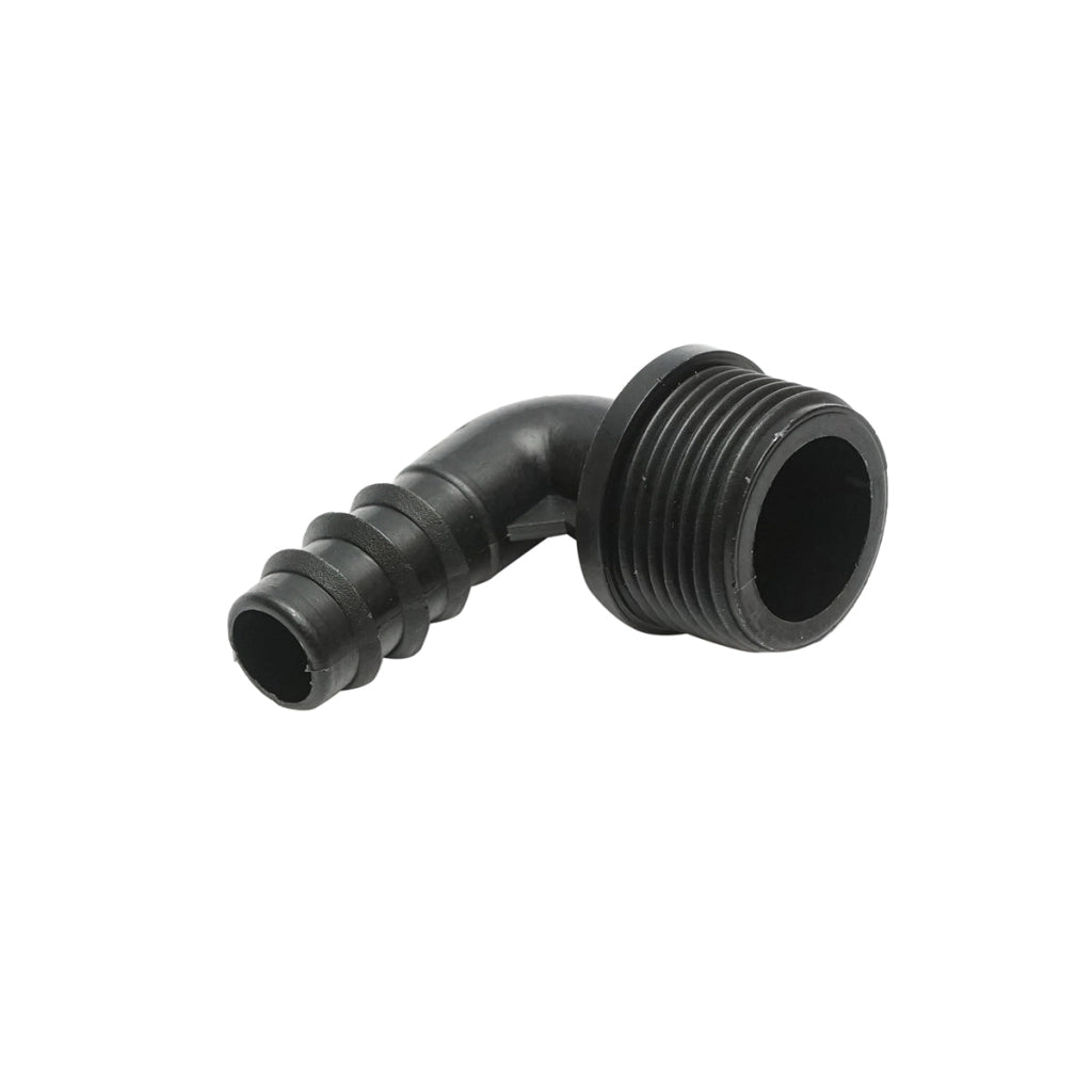 Gomito per tubo di gocciolamento con filettatura esterna D16mm x 3/4 per sistemi di irrigazione.