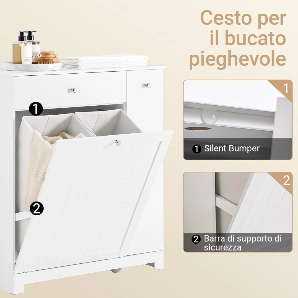 Mobile Bagno Salvaspazio Alto e Stretto Mobile Colonna con 1 Cassetto, 2 Cesti Portabiancheria e Ripiano Estraibile Armadietto da Bagno Multiuso 78x38x90cm BZR214-W