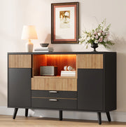 Credenza 130x38x85 cm in MDF naturale e nero con 4 cassetti e LED RGB