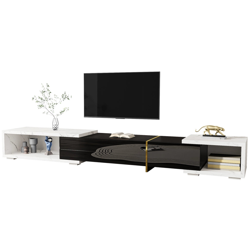 Mobile TV allungabile 140?C260 cm girevole; con 2 Vani; Stile Moderno; Nero Lucido Opaco; Effetto Marmo Bianco; MDF