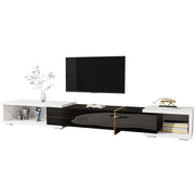 Mobile TV allungabile 140?C260 cm girevole; con 2 Vani; Stile Moderno; Nero Lucido Opaco; Effetto Marmo Bianco; MDF