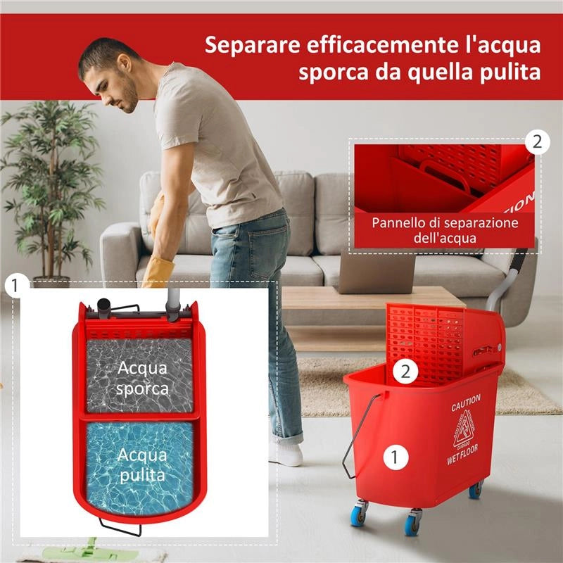 CARRELLO PULIZIE CARRELLO LAVAPAVIMENTI CON STRIZZATORE 60X27X70.5CM ROSSO