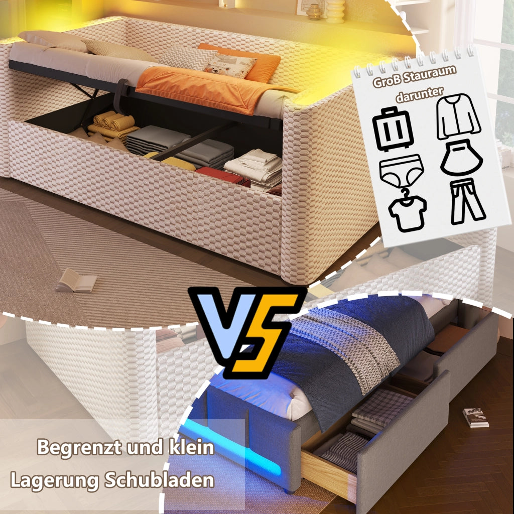 Letto giorno con illuminazione LED in velluto beige 90x200 cm