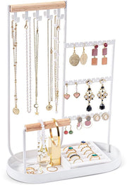 Organizzatore di gioielli con supporto per collane, orecchini e gioielli, contenitore di gioielli con cintura in velluto e struttura in metallo, spazio di conservazione per collane, bracciali e anelli - Bianco