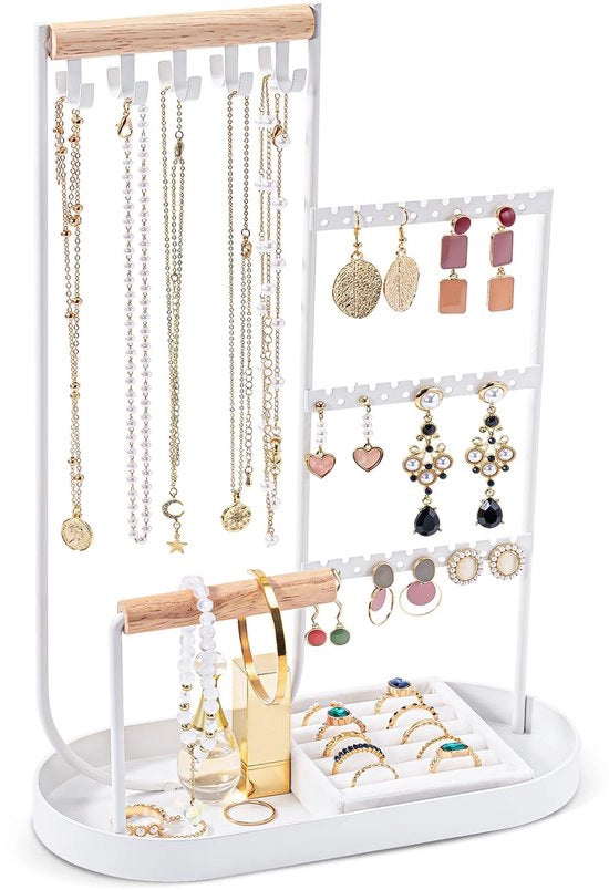 Organizzatore di gioielli con supporto per collane, orecchini e gioielli, contenitore di gioielli con cintura in velluto e struttura in metallo, spazio di conservazione per collane, bracciali e anelli - Bianco