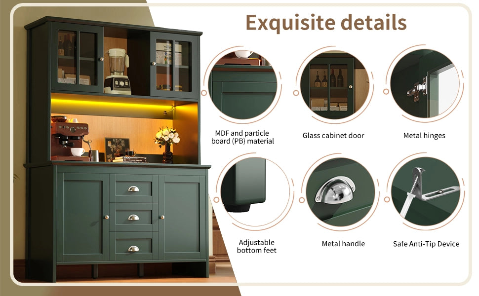 Credenza Alta da Cucina con Ante in Vetro e LED ¨C Xylo ¨C Verde, 120x40x179 cm