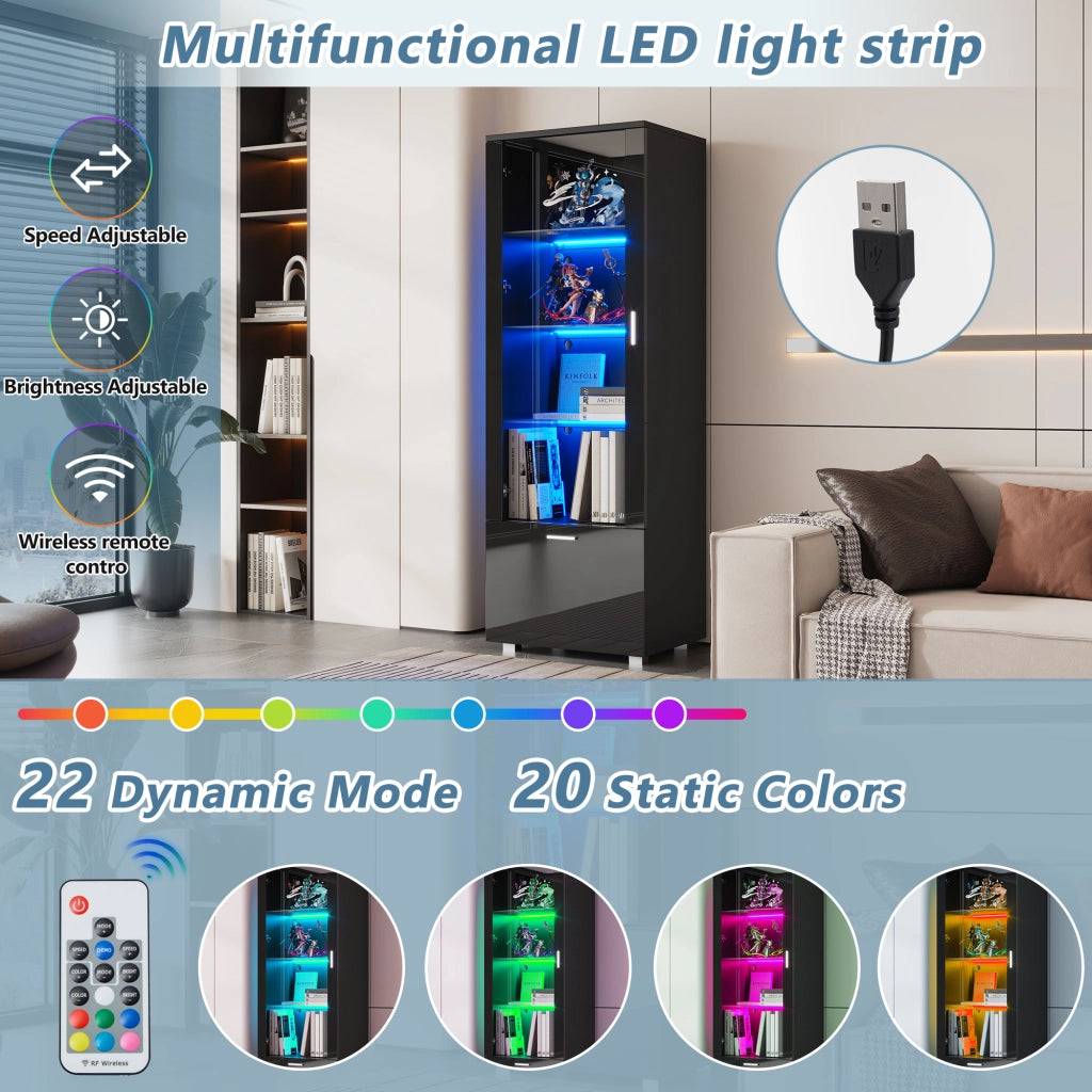 Vetrina con 3 ripiani, ante in acrilico e LED con telecomando, per soggiorno e studio, nero, 40 × 50 × 160 cm