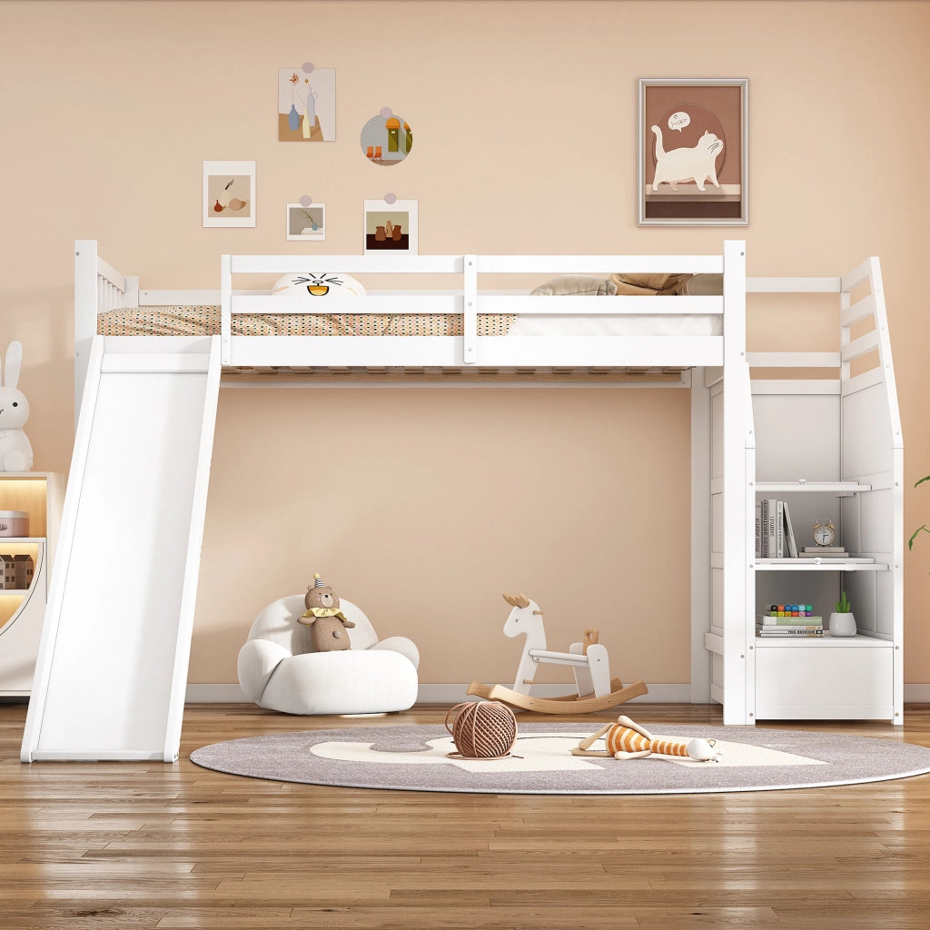 Letto a castello bianco in pino con scivolo e scala portante 90x200 cm