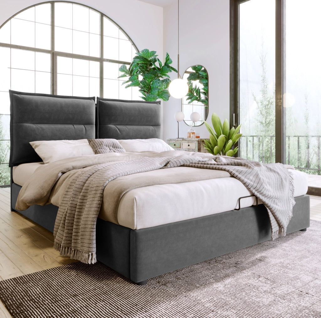 Letto matrimoniale contenitore 140x200 cm con testiera regolabile; velluto grigio