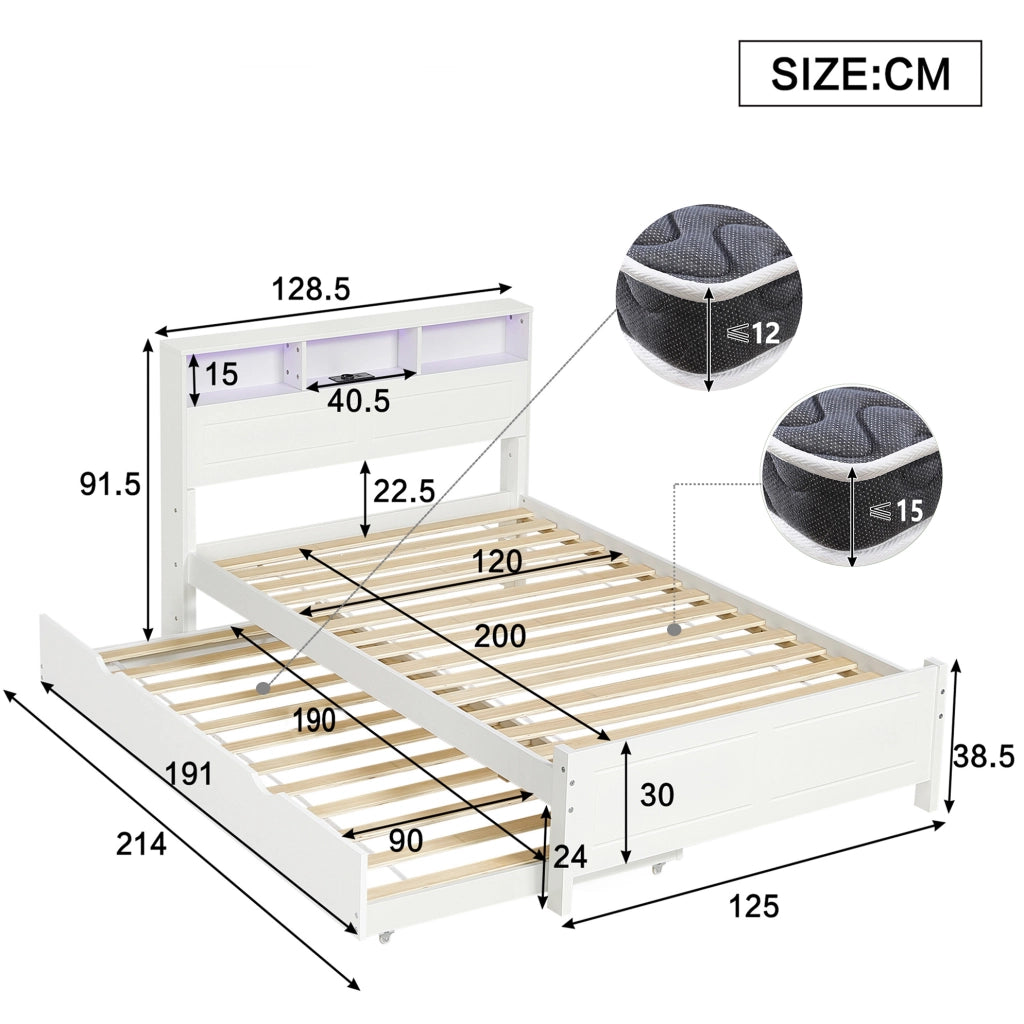 Letto matrimoniale 120x200 cm con letto estraibile LED bianco