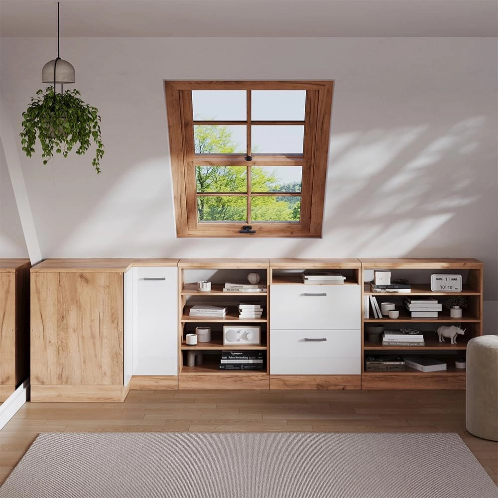Mobile sottotetto Mobile angolare Rion, Bianco lucido, 75.6 x 81.6 cm con 1 porta, carcassa dell’armadio profondità 60 cm, adatto per il salvaspazio sotto tetti spioventi