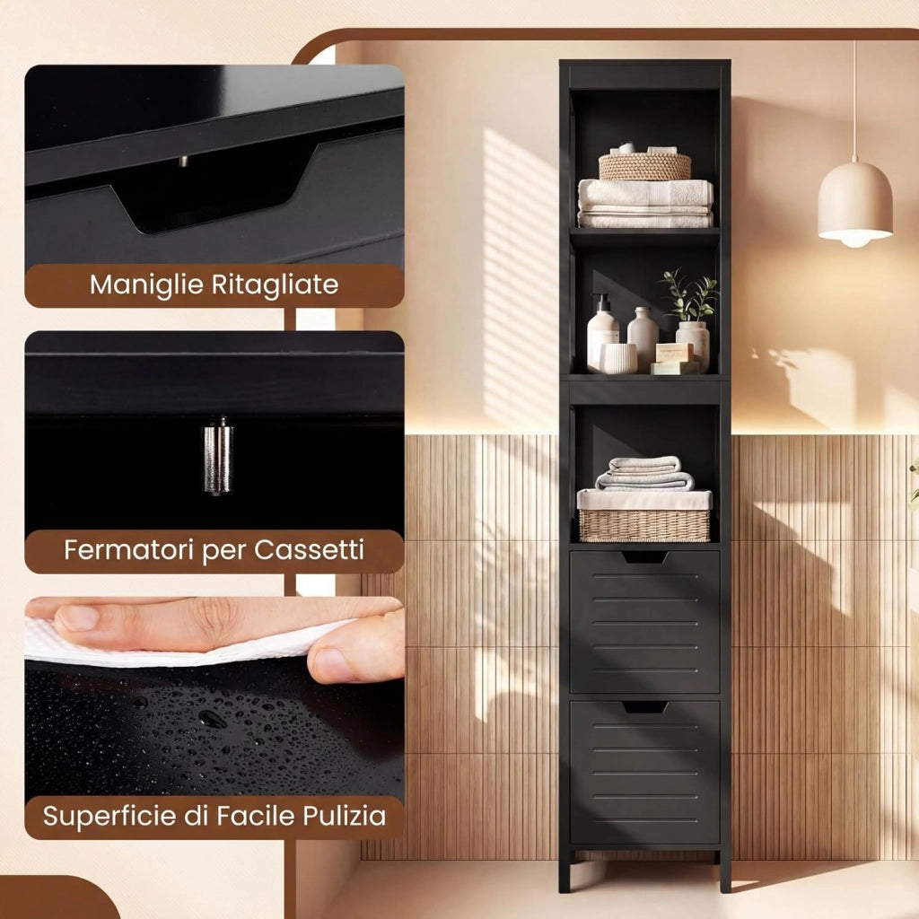 Mobiletto Alto e Stretto Salvaspazio, Mobile da Bagno con 2 Cassetti e 3 Ripiani, Mobiletto in Legno per Camera da Letto, Soggiorno e Ingresso, 30,5 x 30,5 x 145 cm (Nero)