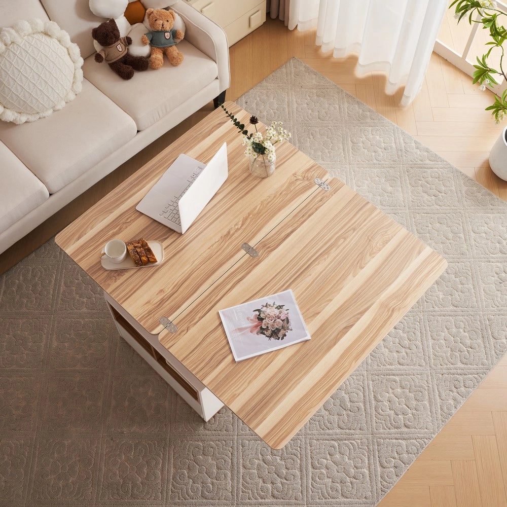 Tavolino da Caff¨¨ Multifunzione Alzabile ¨C MINIMAL ¨C Bianco/Legno Naturale, Moderno, Soggiorno