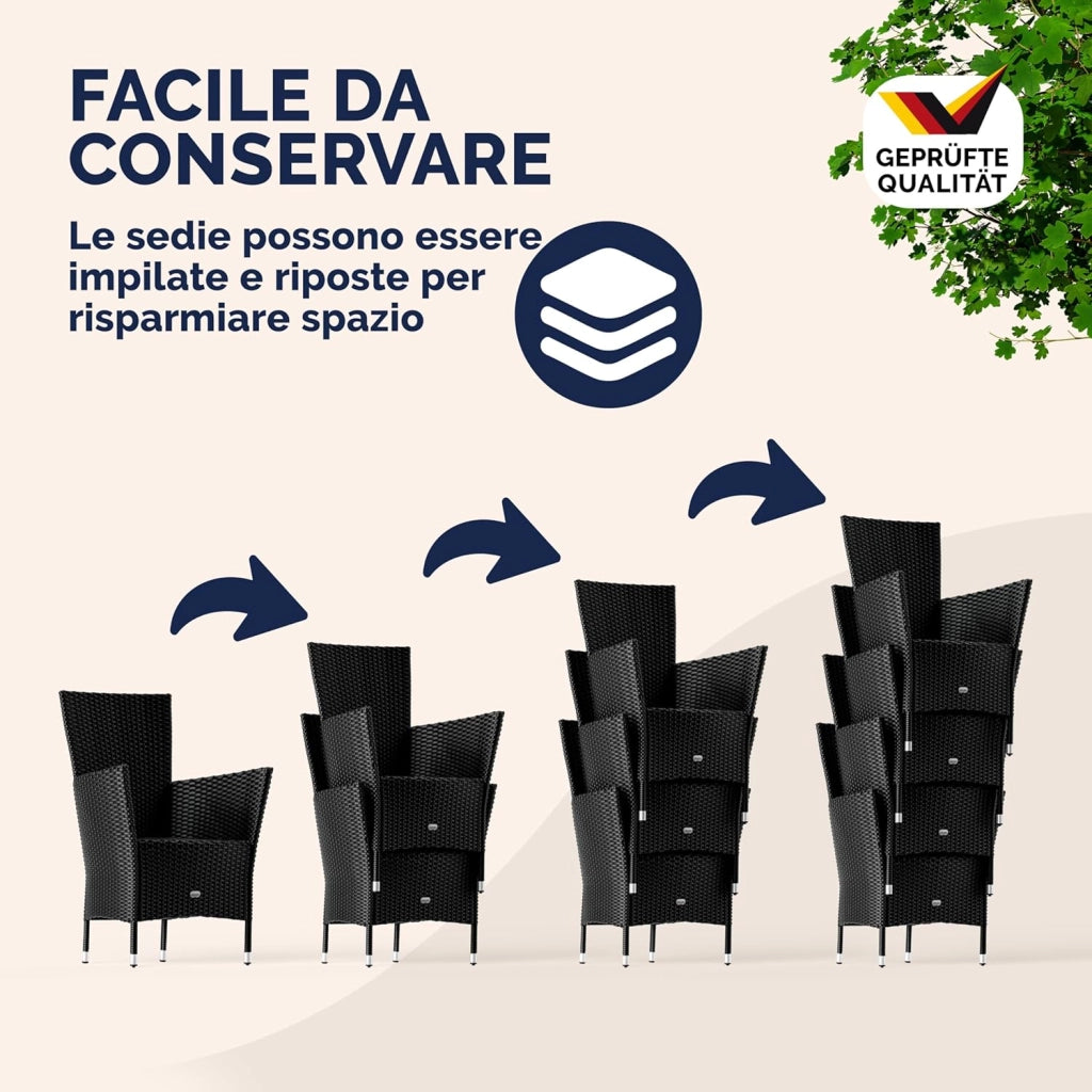 ® Mobili da Giardino in Polyrattan 4 Sedie Impilabili Tavolo 90x90cm in WPC Legno Resistente Terrazzo Balcone Set da Pranzo per Esterno Nero