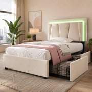 Letto singolo 90x200 cm con LED; 2 cassetti e testiera regolabile; tessuto beige