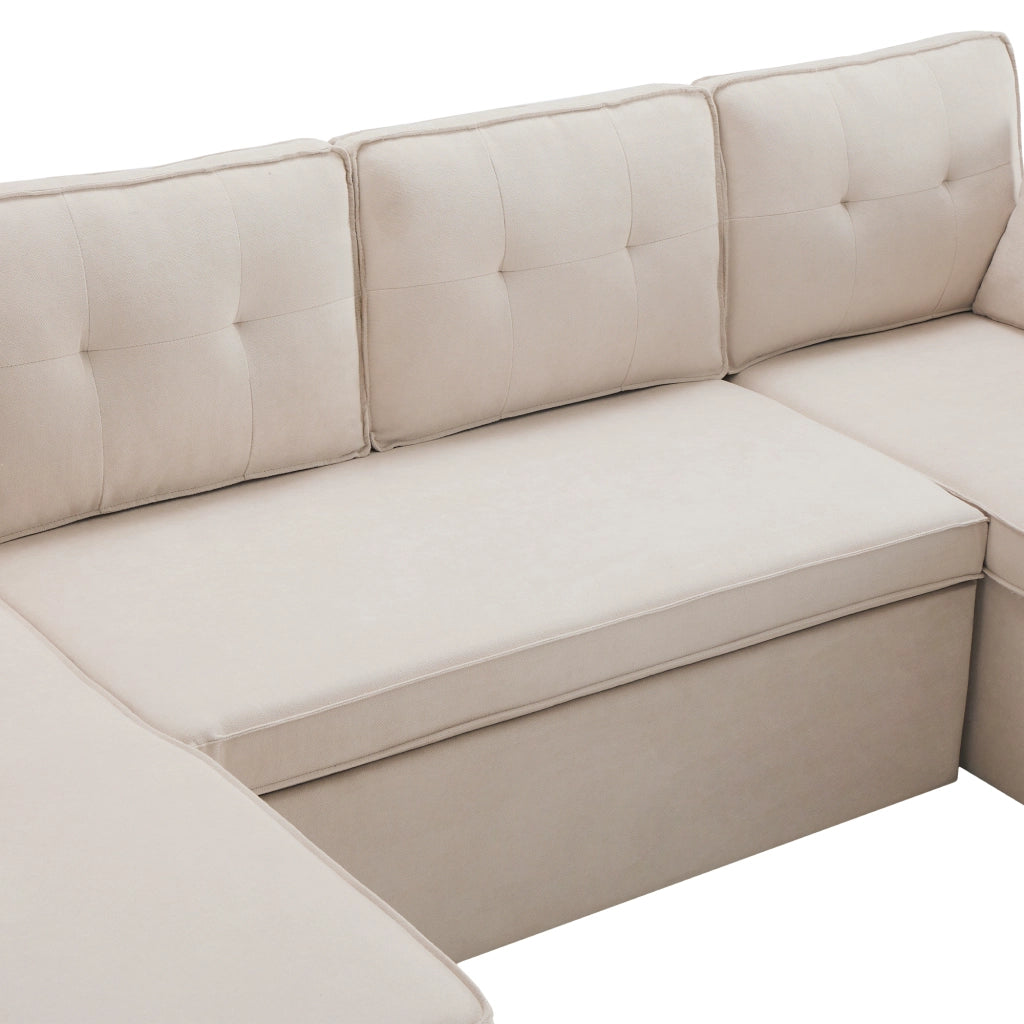 Divano panoramico a U trasformabile con contenitori, Portabicchieri, Tasche laterali, Cotone lino Beige 270 × 130 × 86 cm