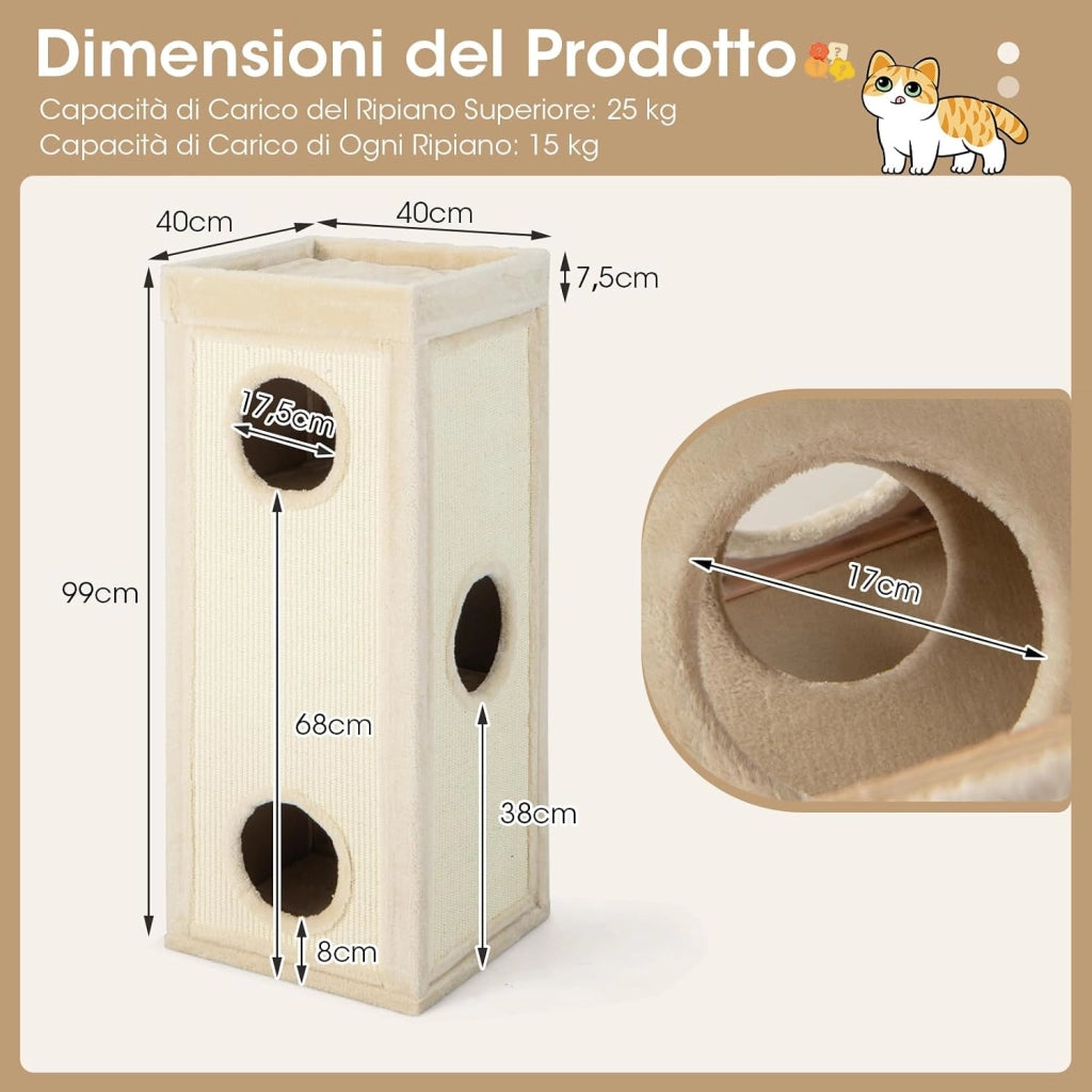 Casa per Gatti a 4 Piani, Condominio per Gatti Alto 99 cm con Trespoli per Graffiare, 3 Nascondigli e 4 Morbidi Cuscini in Peluche, Mobili per Gatti Moderni a Forma di Barile (Naturale)