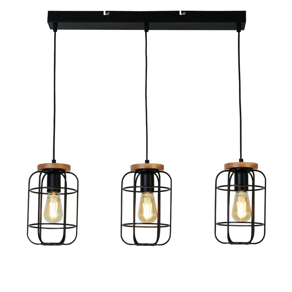 Vision 3Lt Bar Pendant - Metallo nero opaco e legno
