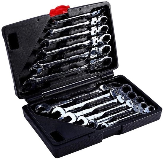 Kit di chiavi a boccola 12 pezzi - 8-19 mm - 72 denti - 5° di ritorno - cassetta in plastica - finitura acciaio cromato-vanadio - kit di chiavi a boccola