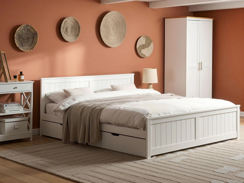 Letto matrimoniale in legno di Pino Bianco con 4 cassetti e testiera 180 x 200 cm stile minimalista