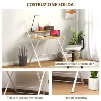 Scrivania Pieghevole con Ripiano Rialzato e Gambe a X, in Legno e Acciaio, 86x66x82 cm, Bianco e color Legno
