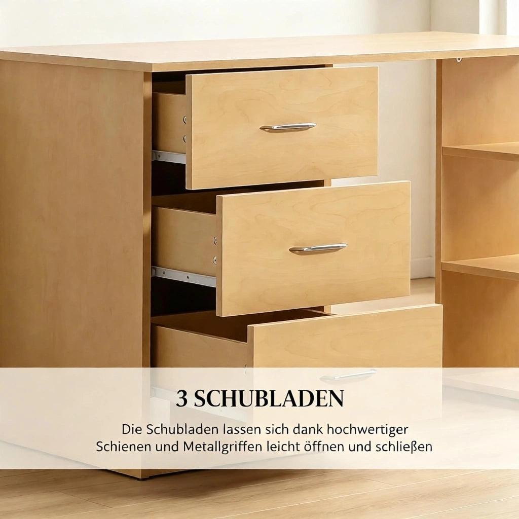 SCRIVANIA con 3 cassetti e 3 ripiani aperti 120x49x72 cm Legno chiaro